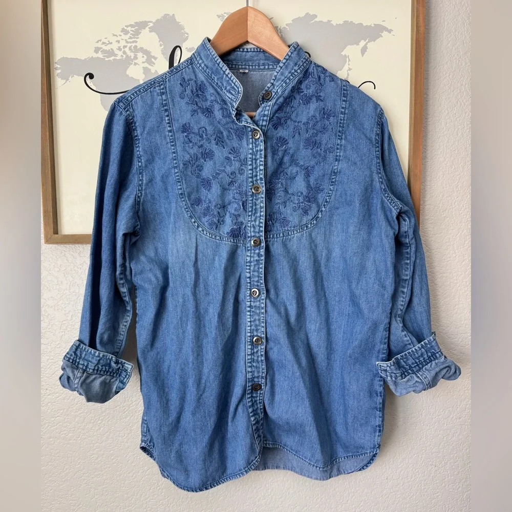 Embroidered cotton blue denim button up shirt